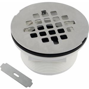 Brushed No Caulk Shower Drain, Welsan PVC Compression Shower Floor Drain with 4-1/4" Stainless Steel Round Grid Strainer Cover, Brushed Nickel