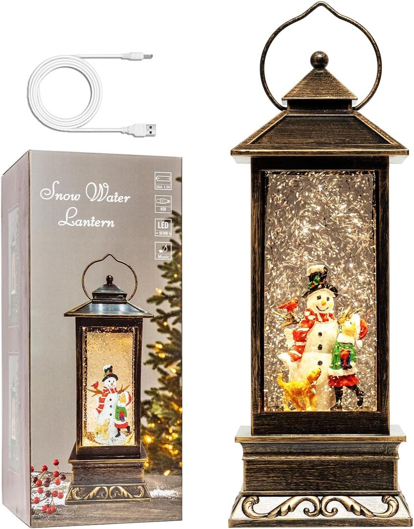 12" Christmas Snow Globe Lantern with Snowman and Kid - Water Swirling Glitter LED Light Lantern with Music - Vintage Xmas Gifts - USB Plug or Battery Operated Home Decor (Snowman and Kid)