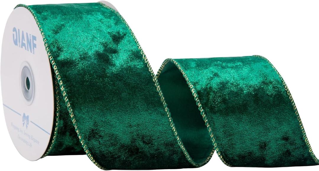 Forest Green Velvet Wired Edge Ribbon, 2.5 Inch x 10 Yards Crushed Velvet Christmas Ribbon for Christmas Tree Decoration Gift Wrapping Garland Wreaths Bows Making