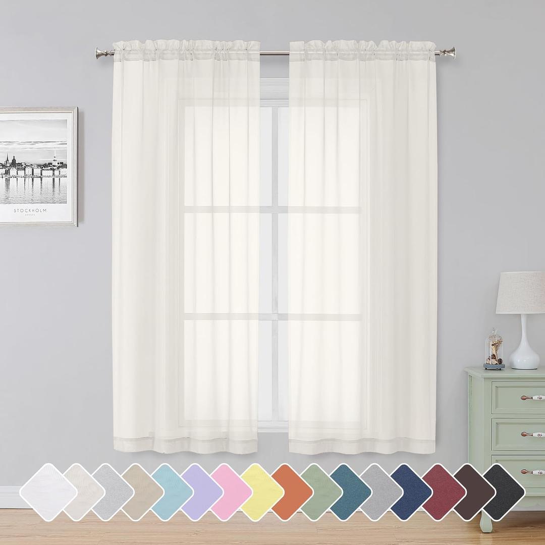 Simplebrand Ivory Sheer Curtains 63 Inch Length 2 Panels, Rod Pocket Solid Color Window Sheer Curtain Panels, Elegant Curtains & Drapes for Living Room, Bedroom 2 Panels (Ivory, 42" W x 63" L)
