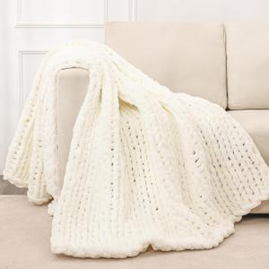 Bigacogo Chunky Knit Throw Blanket for Couch, 80x90 inches, 100% Hand Knitted with Thick Jumbo Chenille Yarn, Cozy Soft Large Rope Knot Cable Crochet Blankets for Sofa Bed Living Room, Ivory