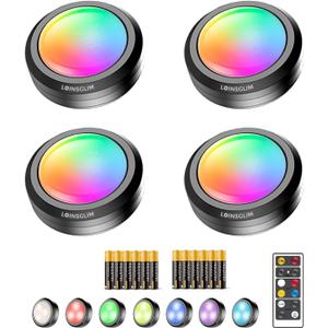 Puck Lights with Remote,7 Colors Under Cabinet Lighting Wireless,Battery Operated RGB LED Lights Dimmable, Push Lights for Closet,Kitchen,Under Counter Lights Bar Display Shelf (4pack)