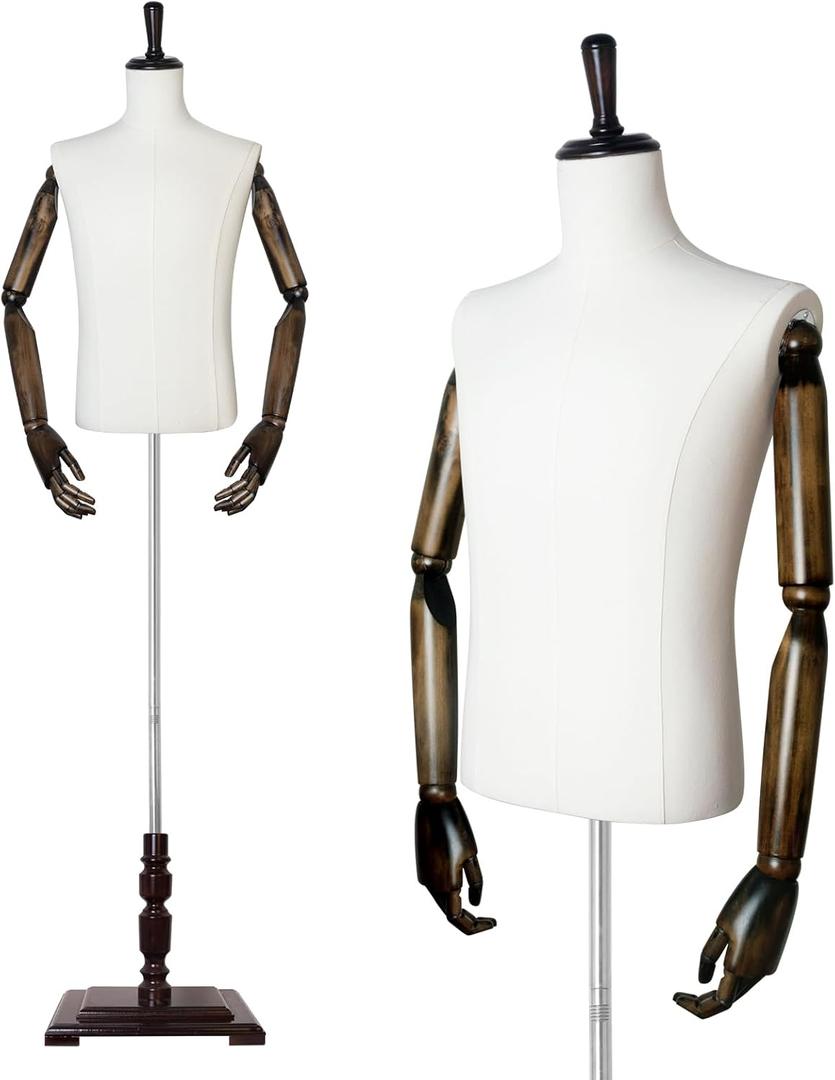 Male Mannequin Torso Dress Form Mannequin Body with Wooden Arms 61"~78" Height Adjustable Body with Wooden Stand for Clothing Retail Sewing Shop