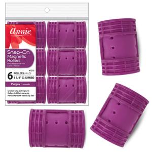 Annie Snap-On Magnetic Hair Rollers  Extra Jumbo 1 3/4 Inch with Locking Snap-Over Hood  Secure Hold No Pins Needed  Purple, 6 Count