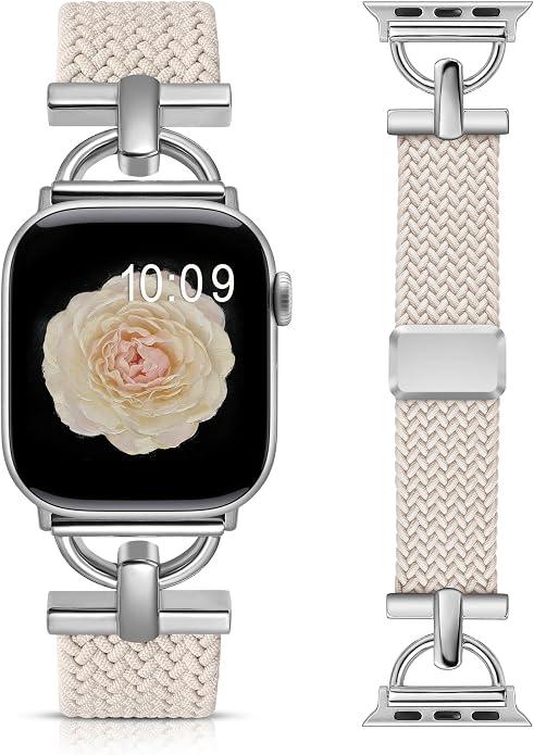 Wearlizer Braided Magnetic Band Compatible with Apple Watch Bands 42/46/38/40/41/44/45/49mm Women Men, Designer DShape Stretchy Elastic Nylon Strap for iWatch Series 11 10 9 8 7 6 5 4 SE/Ultra 3 2 1