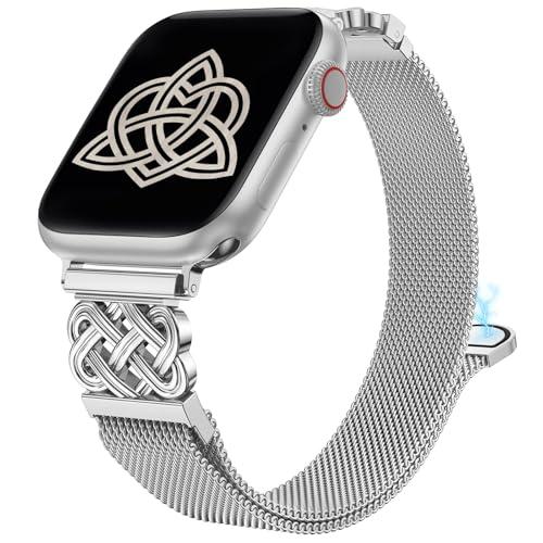 BEEXI Stainless Steel Magnetic Loop Compatible with Apple Watch Band 49/46/45/44/42mm Women Mesh Celtic Knot Dressy Strap for iWatch Series 11/10/9/8/7/6/5/4/3/2/1/Ultra(1/2/3)/SE(1/2/3) Silver