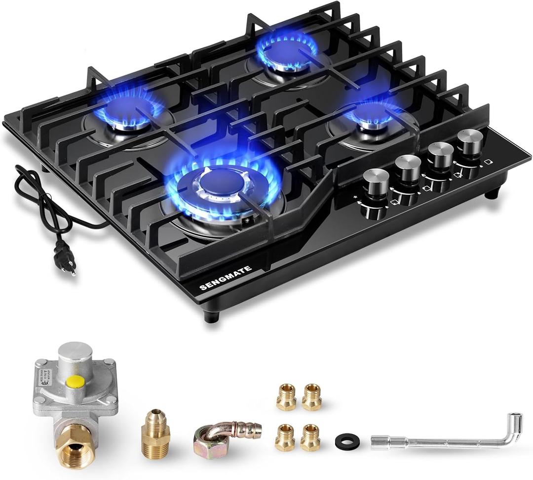 24 Inch Gas Cooktop, 4 Burner Gas Stove Top, Built-In or Countertop Design, Black Tempered Glass, NG/LPG Convertible, Flame Failure Protection, Ideal for Home Kitchens, RVs & Compact Spaces