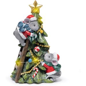 Hodao Christmas Mouse Figurine Tree Decor  Hand-Painted Resin with Glitter, Ladder, Star Topper, Candy Ornaments, Garland  Indoor Holiday Tabletop Statue for Home, Bedroom, Office, Winter Gift (Xmas Tree-red)