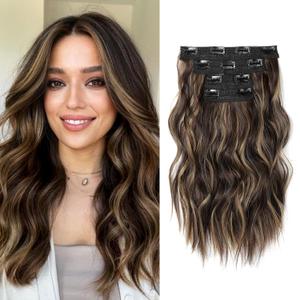 14" Short Clip in Hair Extensions - 4PCS Beach Wave Dark Brown With Highlights - Natural Soft Synthetic Hairpiece for Women