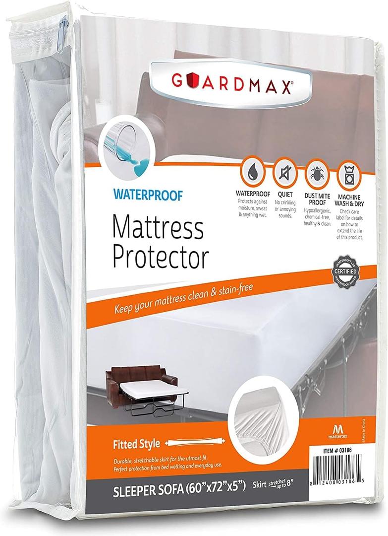 Guardmax Jersey Knitted Sleeper Sofa Size Mattress Protector - Waterproof & Dust Mite Proof Mattress Cover with Stretchable Pockets - Soft, Comfortable, & Noiseless Waterproof Fitted Sheet (60x72x5) (White) Guardmax Jersey Knitted Sleeper Sofa Size Mattress Protector - Waterproof & Dust Mite Proof Mattress Cover with Stretchable Pockets - Soft, Comfortable, & Noiseless Waterproof Fitted Sheet (60x72x5) (White)