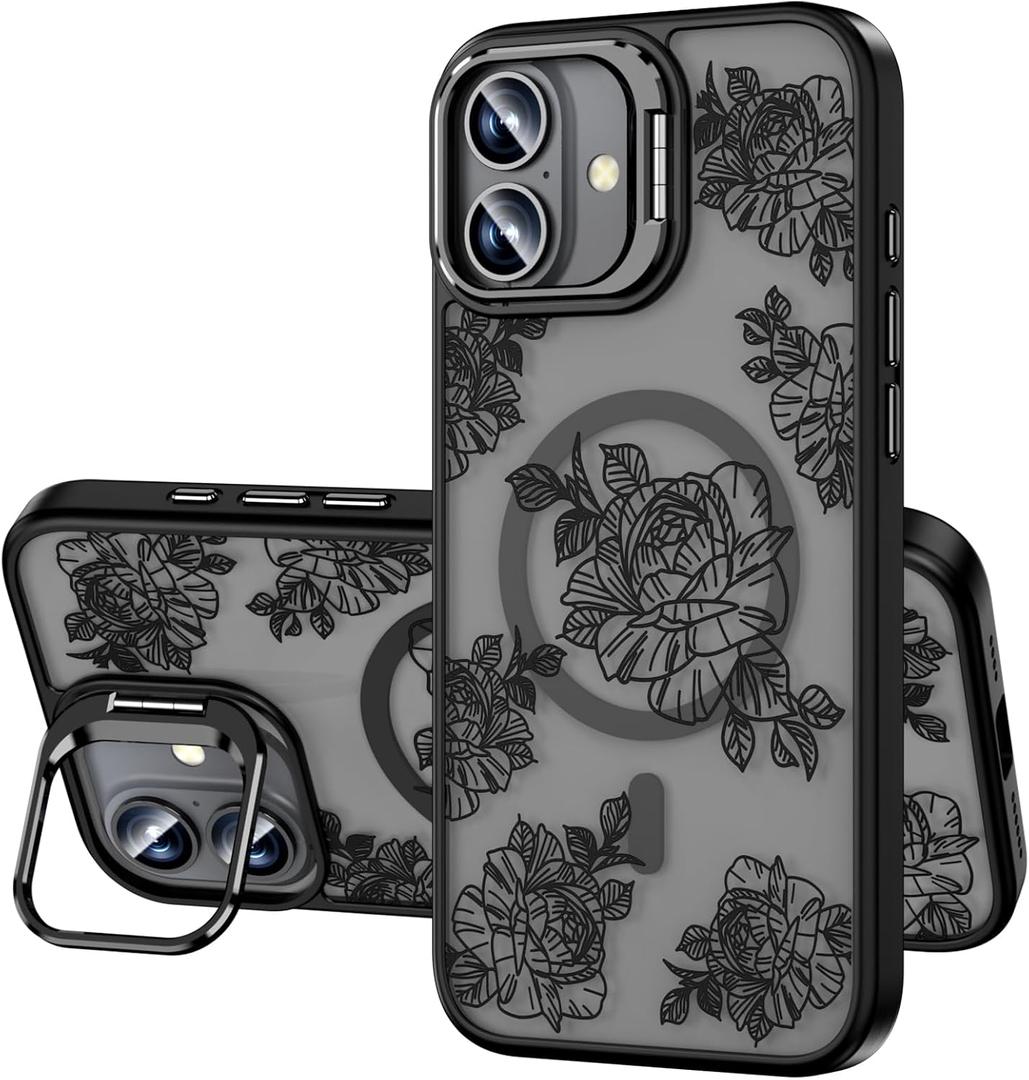 2 x OAOA Magnetic Case Compatible with iPhone 16 with Kickstand, Compatible with Magsafe, Built in Camera Stash Stand and Guard, Anti-Fall Military Protection TPU Case for Women Girls, Blossom
