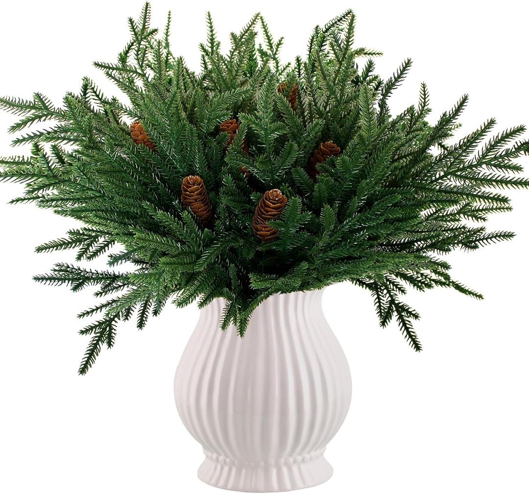 12 Pcs Realistic Norfolk Pine Branches, 18 Inch Real Feel Pine Stems with 6 Big Pinecone Stems for DIY Crafts Garland Wreath Xmas Indoor/Outdoor Home Decor