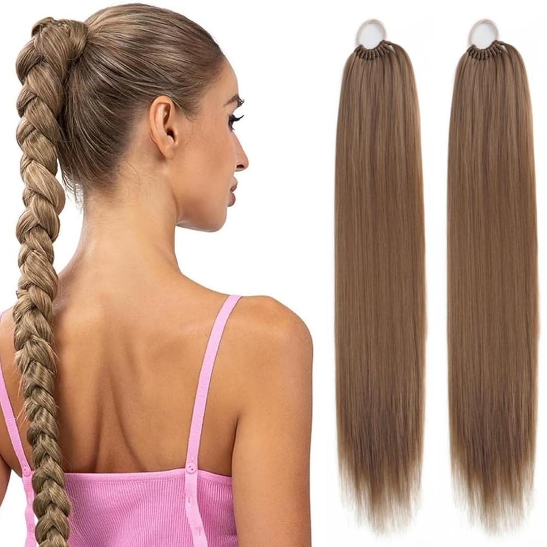 2 Packs Light Brown Wrap Around Pony Tail Hair for Women Braiding Hair Ponytail Extensions 32 Inch Hairpieces High Temperature Synthetic Hair pieces (8#)