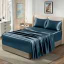 Homiest 4pcs Extra Deep Pocket Satin Sheets Queen Size Bed Set, 18-24 Inch Deep Pocket Bed Sheets Deep Sea Blue Satin Sheet Set, Silky Satin Bedding Set Soft Fitted Sheet Set Fits Ultra Deep Mattress