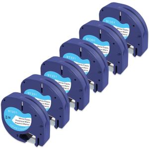 6-Pack Label Tape Compatible with DYMO LetraTag 91331, White Plastic, 12mm x 4m (1/2" x 13'), for LetraTag 200B, LT 100H, 100T Plus Label Makers.
