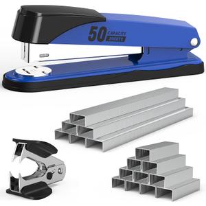 Metal Stapler Heavy Duty 50 Sheet Capacity with 1750 Staples and Staple Remover, Full Strip Staplers for Desk, No Jam, Non-Slip for Office & Classroom, Blue