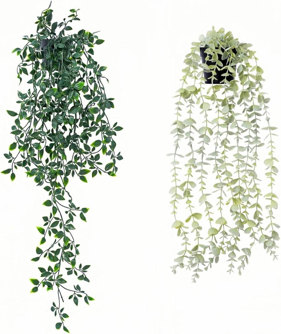 2pcs Fake Hanging Plants for Room Decor,Artificial Potted Plants Eucalyptus for Aesthetic Vintage Boho Home Office Living Bedroom Wall Patio Bathroom Bookshelf Christmas Indoor Outdoor Decor