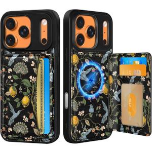 Uppuppy for iPhone 17 Pro Case with Wallet - Fits 4 Card Slots, Compatible with MagSafe for Women Aesthetic Durable PU Leather Credit Card Holder Kickstand Phone Cover for Apple 17 Pro, Lemon Bird