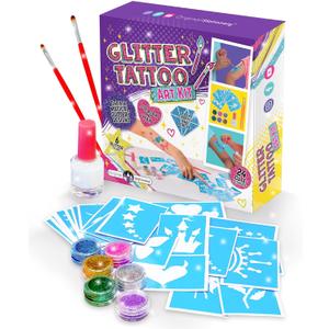 Original Stationery 33-Piece Glitter Tattoos for Kids, Face & Skin-Friendly with 24 Stencil Designs, 6 Colorful Cosmetic Glitters, 2 Brushes & Body Adhesive, Easter Sleepover Party Supplies for Girls