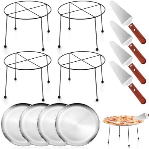 Yiyiring 12 Pcs Pizza Stand Set: 4 Metal Stands, 4 Pizza Pans, 4 Spatulas for Weddings, Party(Silver,Round with Legs)