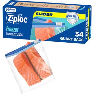 Ziploc Food Storage Quart Freezer Slider Bags, Durable, 34 Count