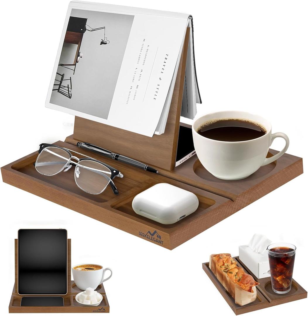 Acacia Book Nook Reading Valet Stand, Wooden Book Stand for Reading Rest, Triangle Books Holder with Cup, Pen, Phone & Earphone Holder, for Nightstand Bedside Desk Library and Book Lover Gifts