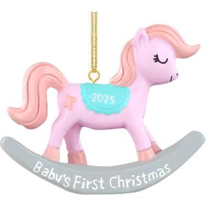 FLYAB 2025 Baby's First Christmas Ornaments Xmas Gifts for Women Pink Resin Rocking Horse Ornament for Christmas Tree Car Birthday Party Decorations Memorial Gifts for Kids Teens Friend