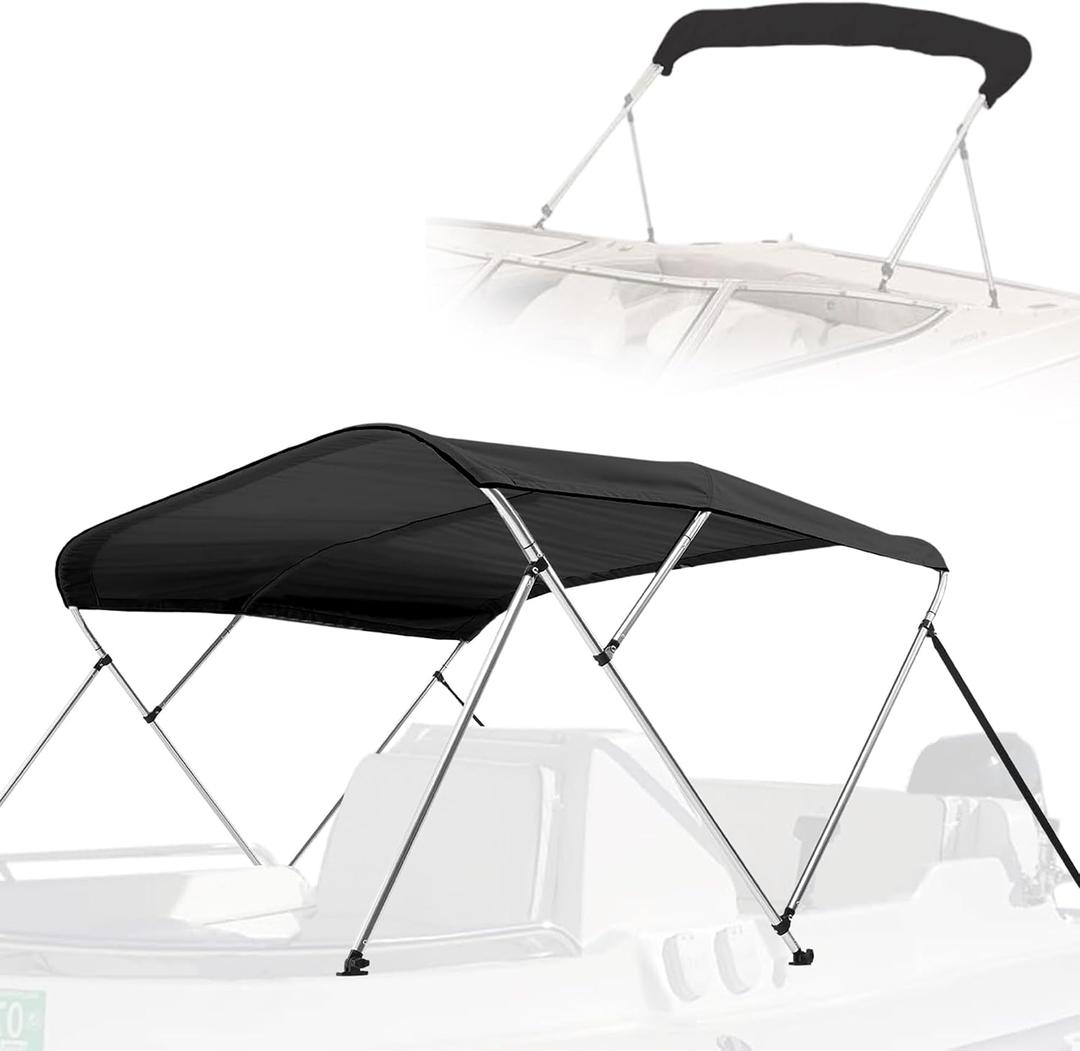 SereneLife 4 Bow Bimini Top Boat Cover 96" L x 67-72" W x 54" H, Durable 1" Aluminum Frame, Waterproof & UV-Resistant, Easy Install with Front Straps, Rear Support Arms & Free Storage Boot (Gray)