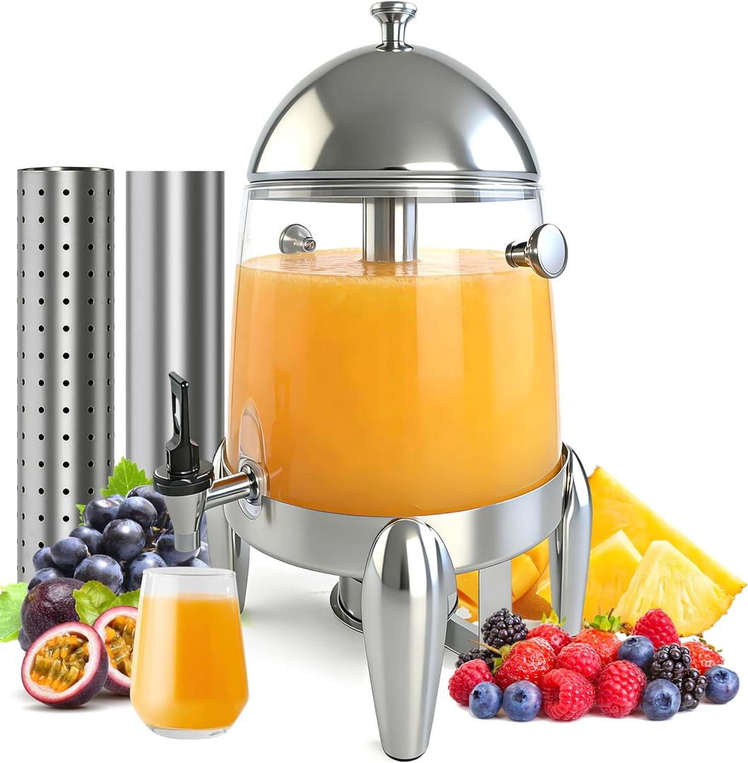 Beverage Dispenser with Stand, 3 Gallon Drink Dispenser for Parties,Events,Buffet &Self-Serve,Dual Ice Tube Core Fruit Infuser,Leakproof Spigot,Clear PC Container, Stainless Steel Lid&Base