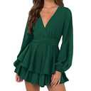 Nova In Sky Sexy Cute Wrap Dress for Woman V Neck Long Sleeve Empire Tie Waist Ruffle Flowy Party Dresses Dark Green S