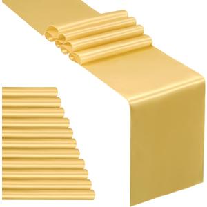SiinvdaBZX 12 Pcs Gold Satin Table Runner 12 x 108 inches Long, Bright Smooth Satin Wedding Table Runner Decorations for Birthday Parties, Buffet, Banquets, Graduations, Engagements