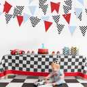 32Ft Racing Party Decorations Red Blue Black White Checkered Racing Car Fabric Banner Triangle Flag Pennant Garland Streamers for Kids Race Car Birthday Racetrack Baby Shower NASCAR Picnic Decor