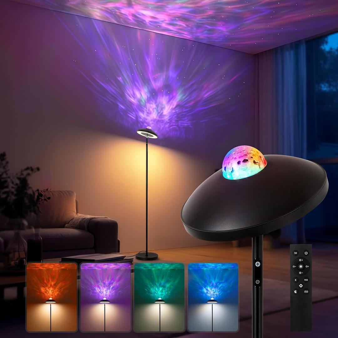 Dinoho LED Floor Lamp with RGB Star Projector & Remote, Stepless 3000-6000K Color Changing Standing Lamp, Dimmable Black Corner Lamp, 15W Modern 69" Tall Light for Bedroom, Kids Room, Living Room