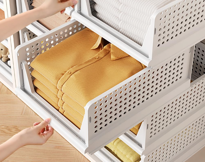 Closet Organizer System, Stackable Plastic Clothes Storage Basket, Stackable, Foldable Organizer for Wardrobe Clothes Organizer Suitable for Bedrooms Bathrooms Kitchen Living Rooms 