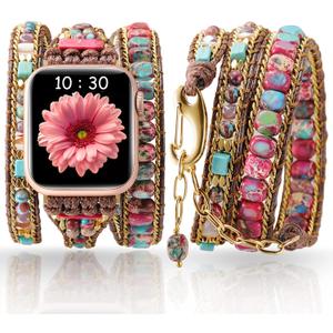 Handmade Boho Watch Band Compatible with Apple Watch 49MM 45MM 44MM 42MM 41MM 40MM 38MM Beaded Wrap Bracelet for iWatch Ultra, Series SE/9/8/7/6/5/4/3/2/1, Fancy Strap for Women (Emperor Stone)
