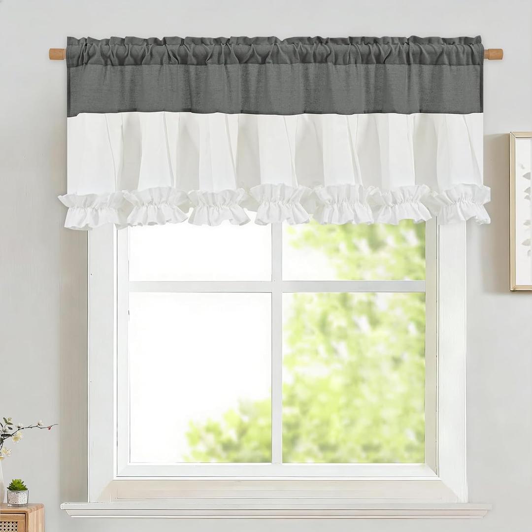 Likiyol Linen Valances for Windows Farmhouse Window Valances with Ruffle Rustic Country Light Filtering Kitchen Valance Curtains Rod Pocket Valance for Bathroom Cafe, Grey White, 52" W X 18" L