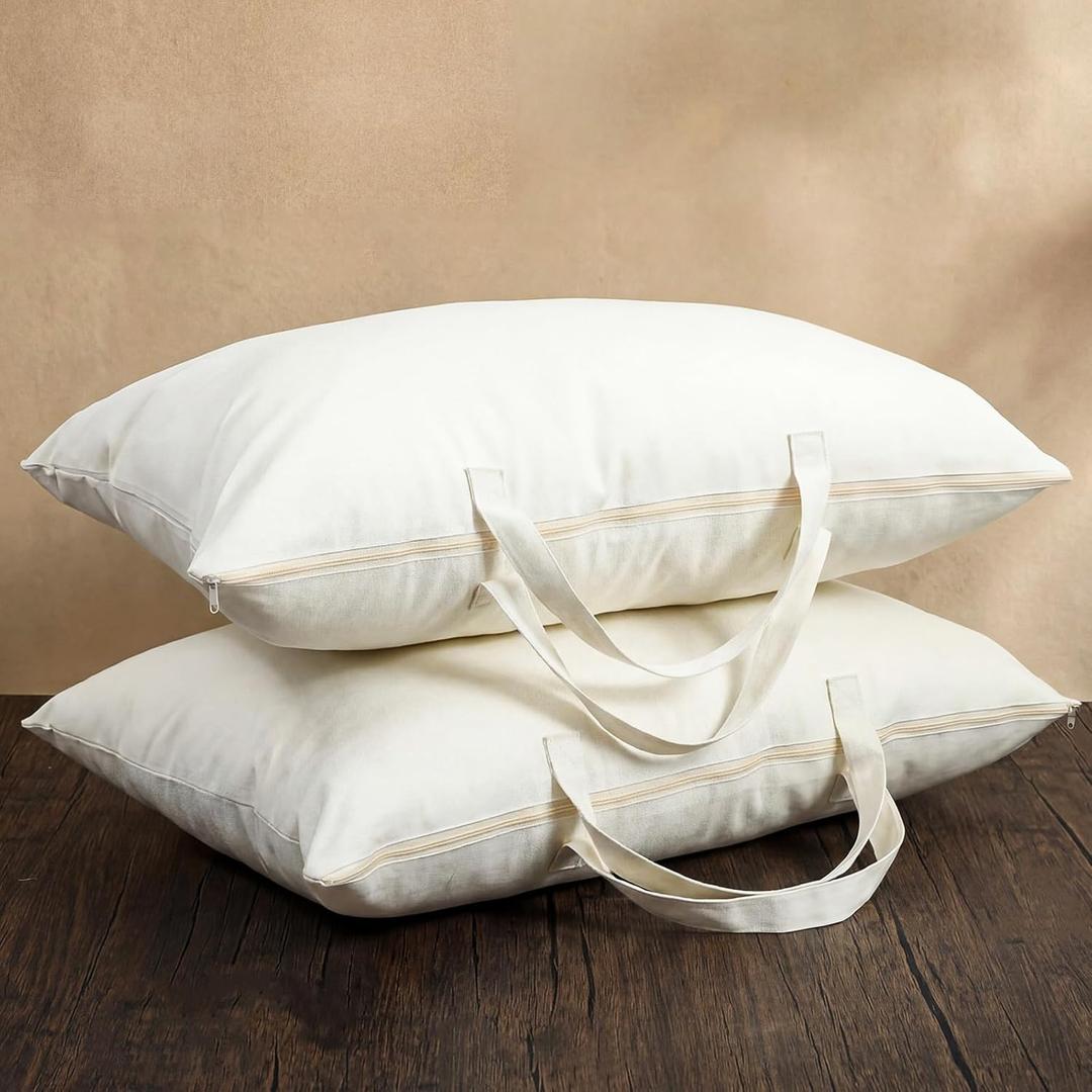 2 Pack 100% Cotton Canvas Travel Pillow Storage Bag with Handles for Home Travel Beddings Comforters Blankets Saree Linens Organizer Thick Soft Breathable Closet Organizer Bag(20"x 30") (White)