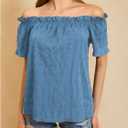 MakeMeChic Women's Summer Off Shoulder Tops Ruffle Short Sleeve Dressy Casual Blouse Top (Blue, M)