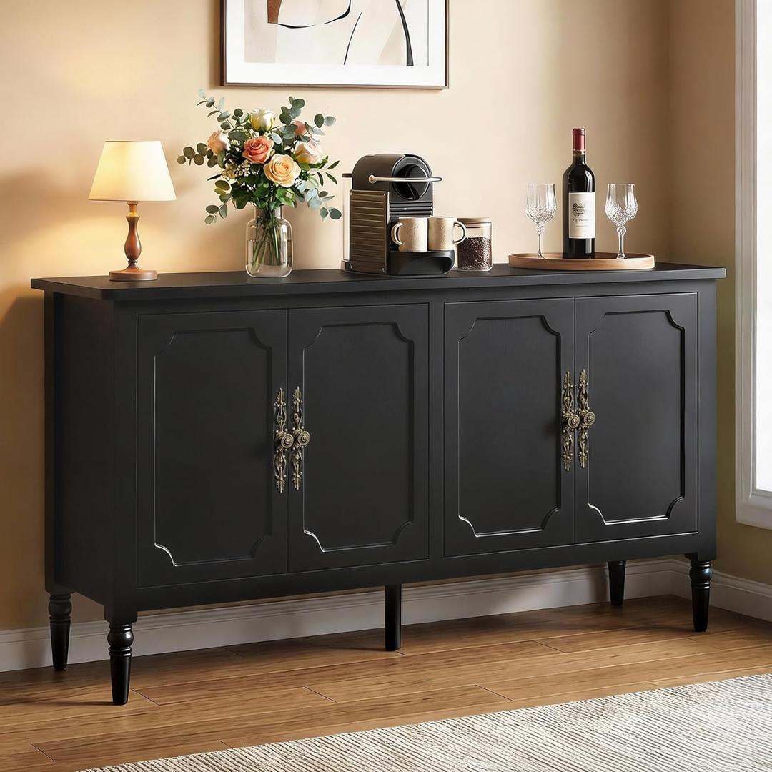 RoyalCraft 59" Buffet Cabinet with Storage, Vintage Sideboard with Adjustable Shelves & Carved Handle, Mid Century Modern Painted Credenza Coffee Bar for Kitchen, Dining Room, Satin Black 16"D x 58"W x 31"H