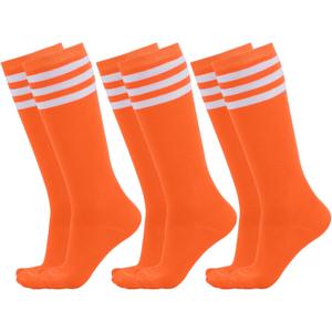 Dxhycc 3 Pairs Kids Soccer Socks Striped Knee High Socks Baseball Softball Socks Youth Athletic Socks for Boys Girls (Orange/White)