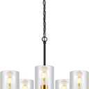 9MMML 5 Lights Glass Chandelier,Modern Kitchen Island Lighting Black and Gold Metal Dining Room Light Fixture for Living Room Foyer,E26