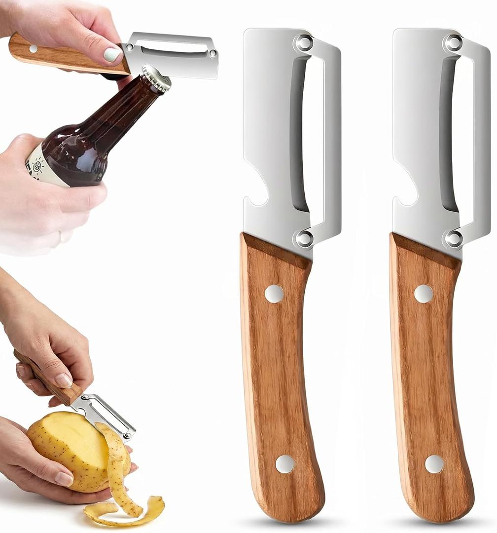 Multifunctional Vegetable Peeler, Stainless Steel Peeler with Wooden Handle, Kitchen Tool with Bottle Opener, Peeler for Potatoes, Carrots, Garlic, Fruit, and More (2Pcs)