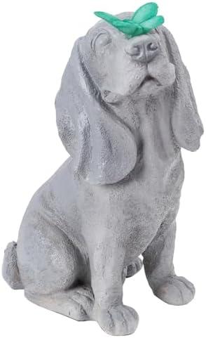 Ovewios Garden Statue Dog Figurines - Outdoor Dog Statue with Solar Butterfly Lights for Patio Yard Art Decor Balcony Lawn Ornament. Ideal Housewarming Gardening Gifts for Dad Mom