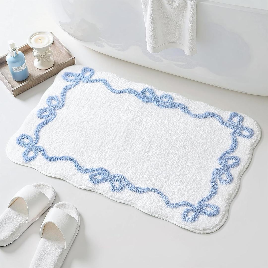 TRUEDAYS Blue Scalloped Bath Mat - Cute Bow Bathroom Rugs Small Non Slip Bath Mat, Soft & Absorbent Bath Rugs for Bathroom Decor, Tub, Vanity Floor (32*20 Inches)
