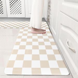 Cream Checkered Grid Checkerboard Kitchen Rug Sets [2 PCs], Anti-Fatigue, Waterproof Non-Slip Kitchen Mats Heavy Duty Ergonomic Comfort Foam Rug for Floor, Home, Laundry,17"x29"+17"x47"