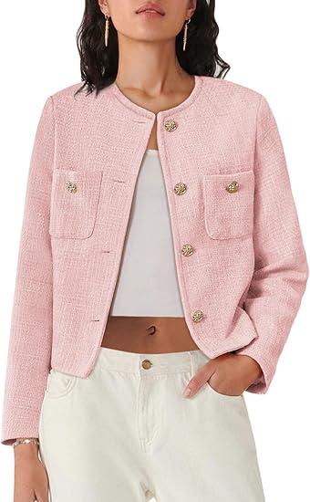 Women's Tweed Jackets Long Sleeve Business Button Down Casual Cropped Blazer with Pockets, Size XL