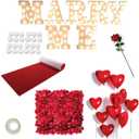 Proposal Decorations Kit, Marry Me Light Up Letters, 2000 Rose Petals, 24 Heart Shaped Romantic Candles, Red Carpet Aisle Runner 16 Feet, 10 Red Heart Balloons, 1 Engagement Rose Ring Box