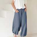 Xiaoxuemeng Womens Wide Leg Pants Cotton Linen Barrel Pants Elastic Waisted Lounge Trousers with Pockets (Blue, XS)