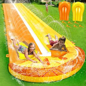 iGeeKid Pineapple Lawn Water Slides with 2 Bodyboards for Kids Adults, Heavy Duty Water Toys Sprinkler 2 Race Lane Backyard Outdoor Summer Beach Swimming Pool Water Game Party, 20 x 5.6 ft