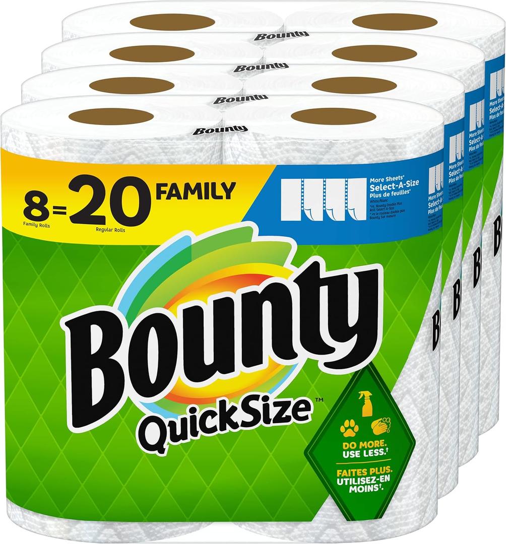 Bounty Quick Size Paper Towels, White, 8 Family Rolls = 20 Regular Rolls (Packaging May Vary) (8 Rolls (107 Sheets each)
